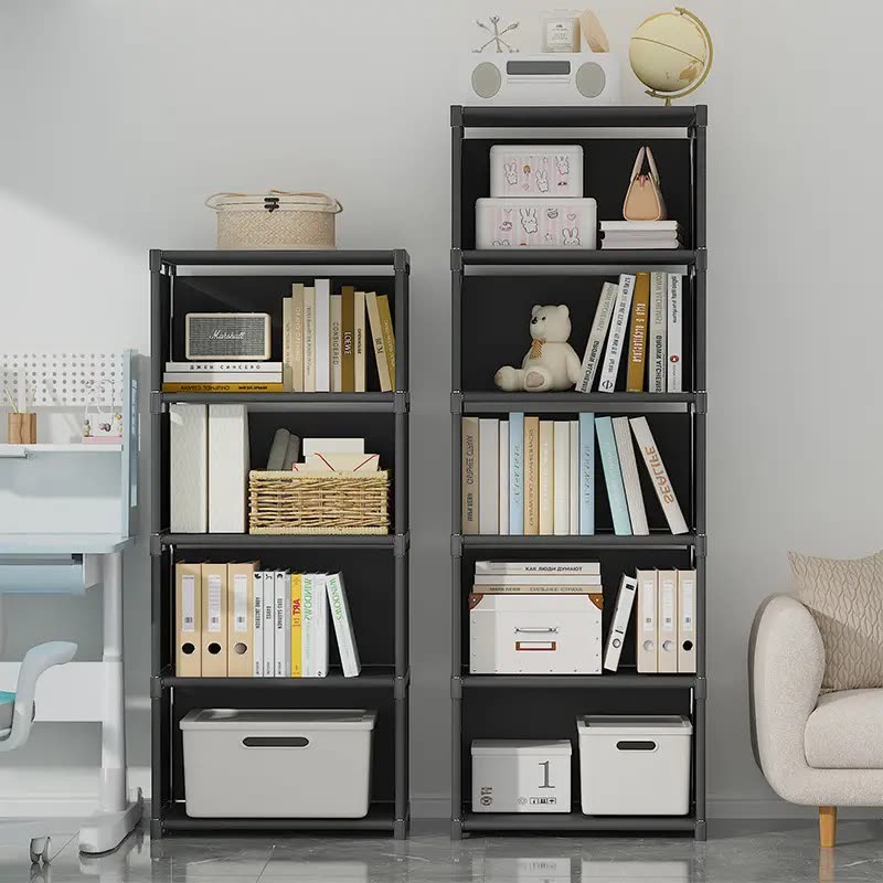 Two dark multi-tier bookshelves filled with books, storage boxes and baskets (seller photo from the AliExpress listing)