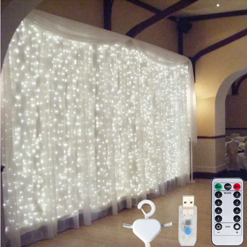 Fairy curtain lights hanging as a glowing warm white curtain across a room, with the USB plug and remote control (seller photo from the AliExpress listing)