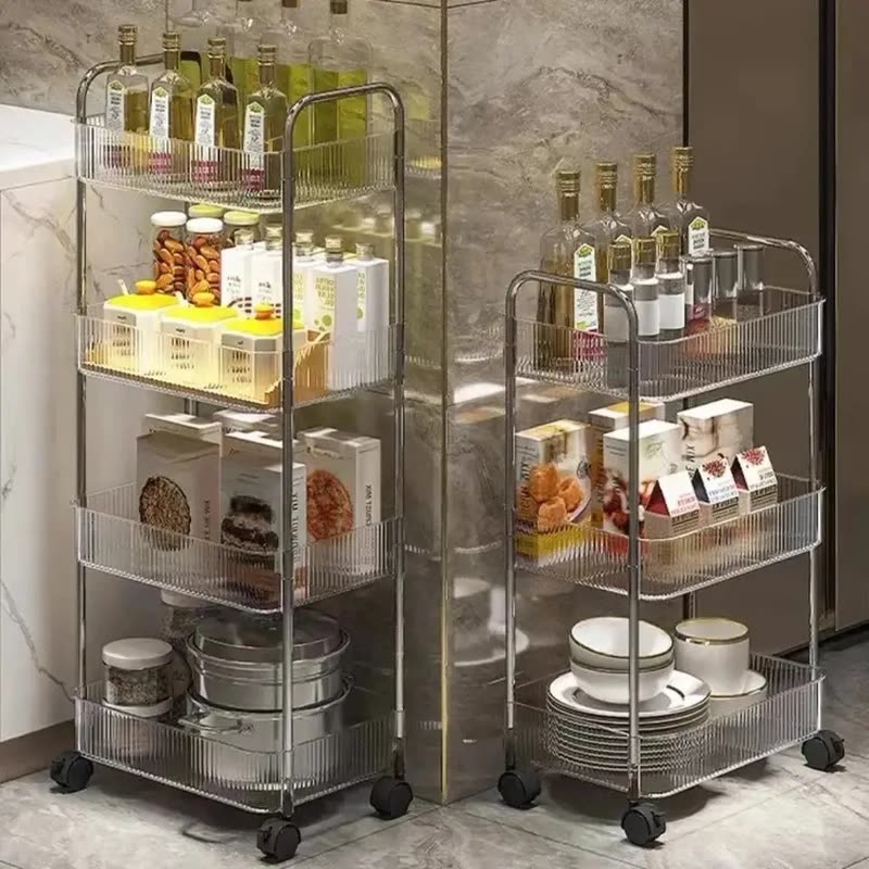 Two slim metal rolling storage carts on wheels, filled with jars, bottles and dishes (seller photo from the AliExpress listing)