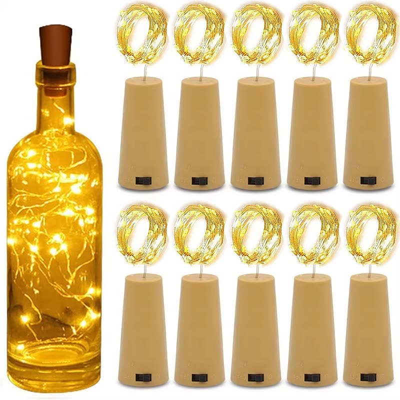 A glass bottle glowing with warm fairy lights next to ten cork-topped fairy light strands (seller photo from the AliExpress listing)
